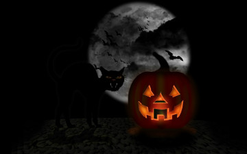 обоя праздничные, хэллоуин, полнолуние, светильник, джека, черный, кот, happy, halloween, тьма, пасть, летучая, мышь