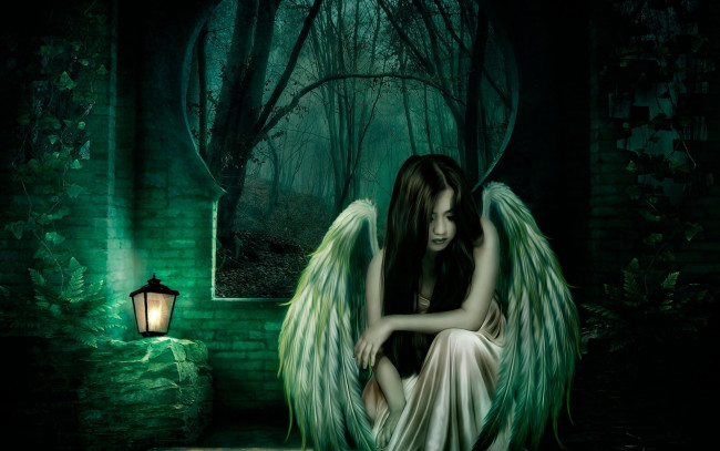 Обои картинки фото фэнтези, ангелы, склеп, ангел, ночь, деревья, фонарь, крылья, грусть