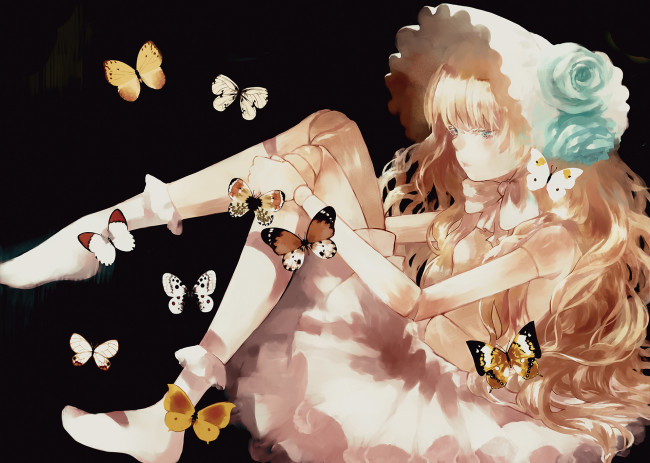 Обои картинки фото аниме, unknown,  другое, кукла, бабочки, девочка, арт, moekon