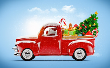 Картинка праздничные векторная+графика+ новый+год елка подарки праздник санта автомобиль рождество
