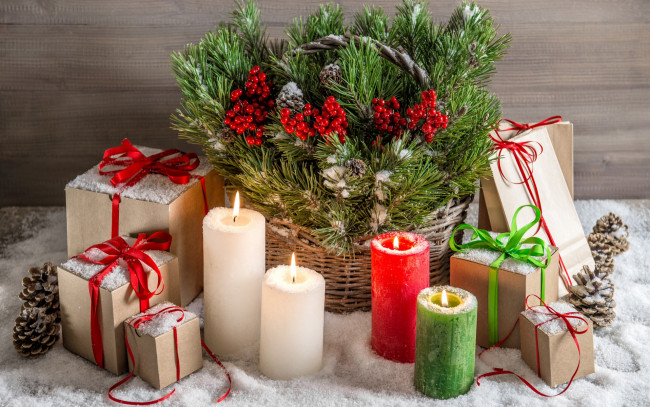 Обои картинки фото праздничные, новогодние свечи, decoration, xmas, новый, год, подарки, snow, снег, свечи, merry, christmas, рождество, holiday, celebration, gift, елка, украшения