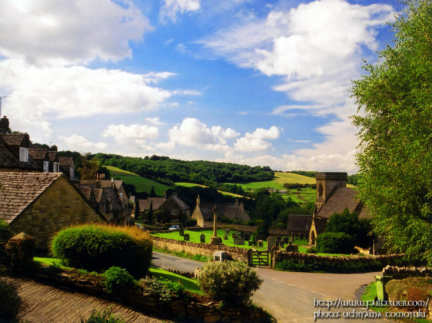 Обои картинки фото england, snowshill, the, cotswolds, ss, barnabas, church, and, cottages, города, другое