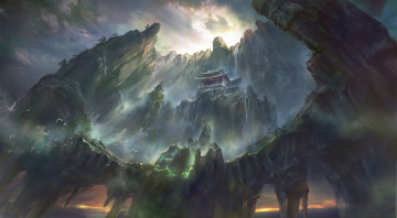 Картинка фэнтези иные+миры +иные+времена пагода храм скалы
