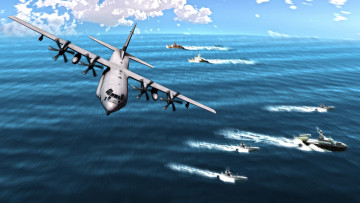 Картинка c-130 авиация 3д рисованые v-graphic океан полет самолет транспортный корабли