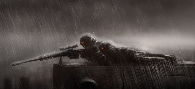 Обои картинки фото фэнтези, люди, снайпер, винтовка, оптический, прицел, дождь, позиция