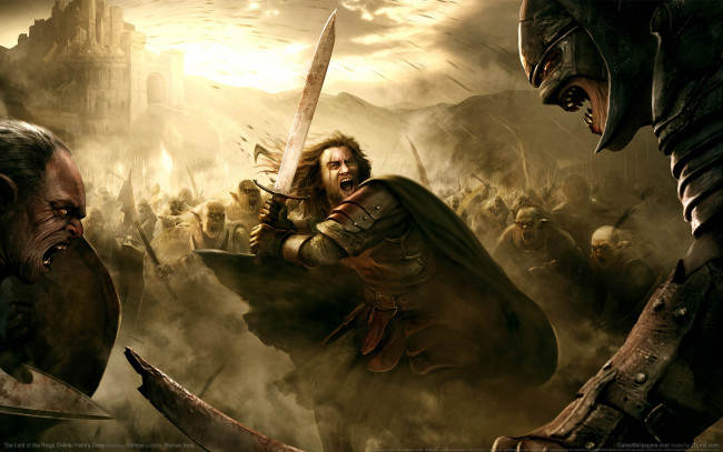 Обои картинки фото the lord of the rings online,  helm`s deep, видео игры, сражение, битва, меч, орки
