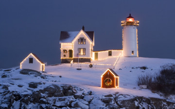 Картинка природа маяки камни иллюминация огни маяк зима снег