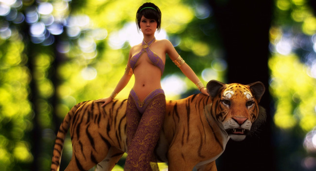 Обои картинки фото 3д графика, люди , people, взгляд, девушка, фон, тигр
