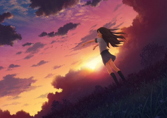 Обои картинки фото 3gatsu , mitsuki, аниме, unknown,  другое, девочка, закат