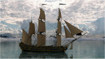 Картинка корабли 3d парусник озеро горы