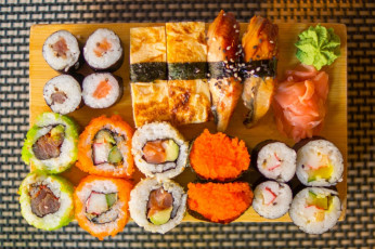 Картинка еда рыба +морепродукты +суши +роллы имбирь васаби роллы суши ассорти