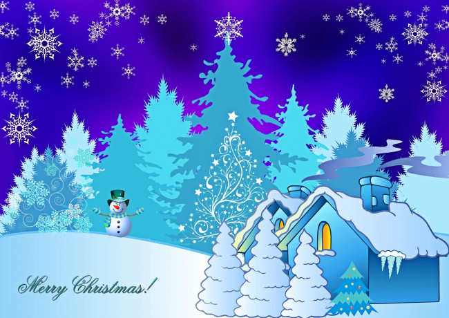 Обои картинки фото праздничные, векторная графика , новый год, лес, снежинки, снег, снеговик