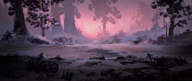 Обои картинки фото рисованное, природа, закат, деревья, снег, дом