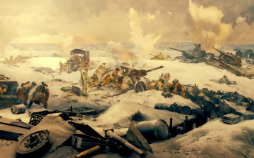 Картинка рисованное живопись война зима люди пушки окопы