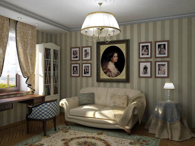 Обои картинки фото интерьер, кабинет, библиотека, офис, портреты, кресло, диван, шкаф, стол