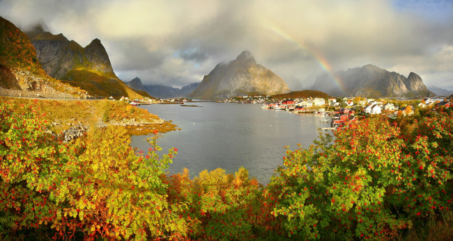Обои картинки фото reine, gravdalsbukta, норвегия, города, пейзажи, бухта, озеро, горы, городок