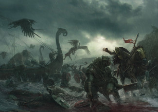Картинка фэнтези существа битва сражение монстры люди рыцари берег море