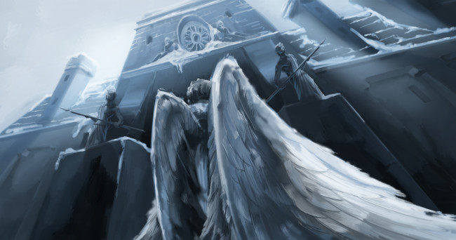 Обои картинки фото фэнтези, ангелы, врата, зима, крылья, замок, ангел