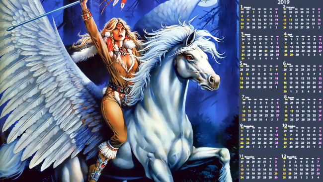 Обои картинки фото календари, фэнтези, лошадь, девушка, крылья, пегас, конь