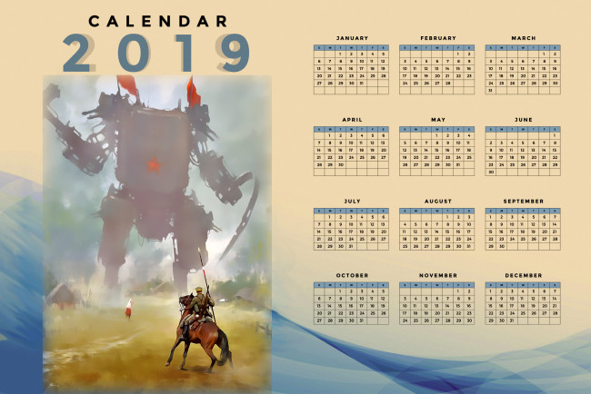 Обои картинки фото календари, фэнтези, робот, лошадь, солдат, конь, флаг