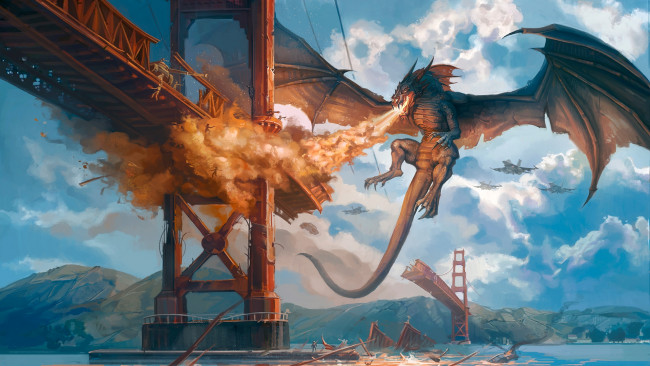 Обои картинки фото фэнтези, драконы, сказочное, существо, дракон, нападение, мост, пламя, атака, огонь, танк, самолеты