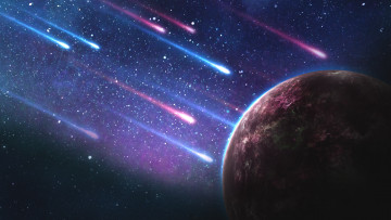 Картинка космос арт кометы метеориты планета пространство свет вселенная звёзды вакуум астероиды дождь