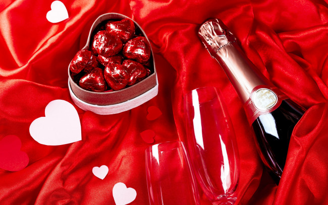 Обои картинки фото праздничные, день святого валентина,  сердечки,  любовь, шампанское, конфеты, сердце