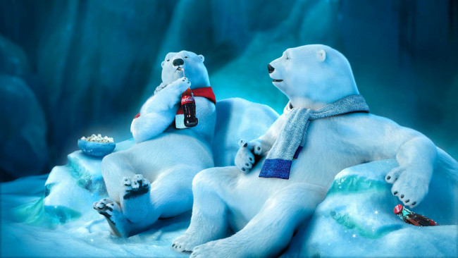 Обои картинки фото бренды, coca-cola, медведи, кока-кола, льды, снег, шарф, поп-корн