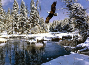 обоя рисованное, животные,  птицы,  орлы, орел, полет, лес, деревья, снег, река