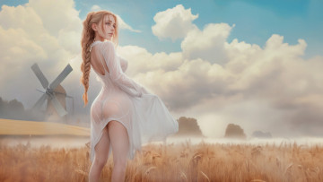 Картинка рисованное люди красивая девушка в поле