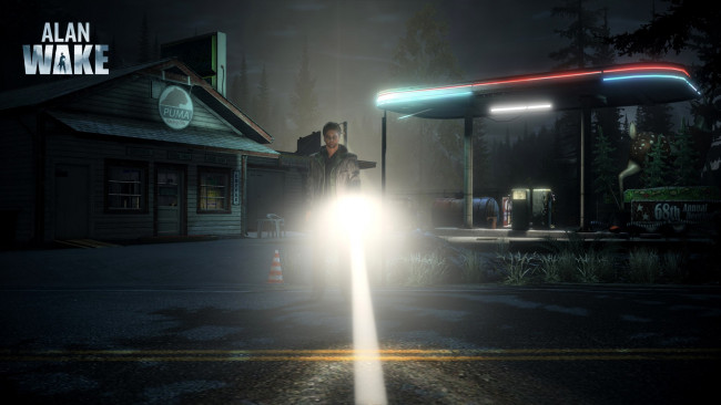 Обои картинки фото видео игры, alan wake, мужчина, фонарь, заправка