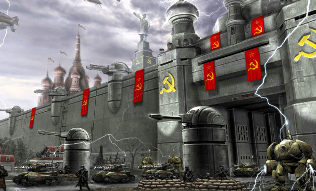 Обои картинки фото видео игры, command & conquer,  red alert 3, крепость, оружие, механизмы, люди, флаги