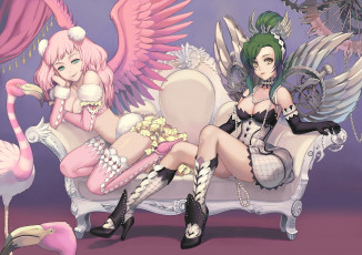 Картинка аниме angels demons 1000marie девушки крылья диван птицы
