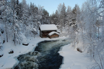 обоя природа, зима, лес, домик, река