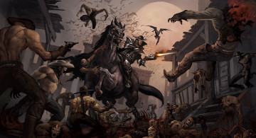 Картинка видео игры darkwatch curse of the west конь город всадник зомби