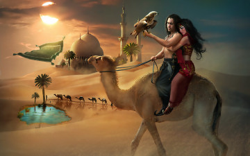 Картинка фэнтези всадники наездники парень девушка песок орел верблюды пустыня
