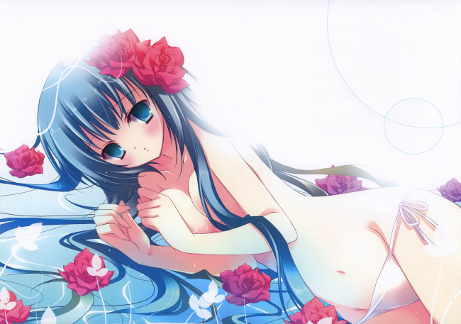 Обои картинки фото аниме, *unknown, другое, девушка, взгляд, вода, цветы, розы