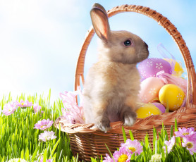 Картинка животные кролики зайцы корзина крашенки трава цветы яйца