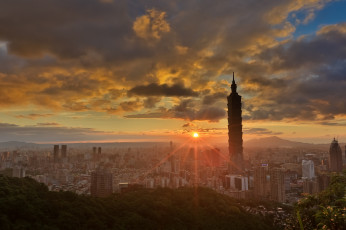 обоя города, тайбэй, тайвань, закат, небоскреб, панорама