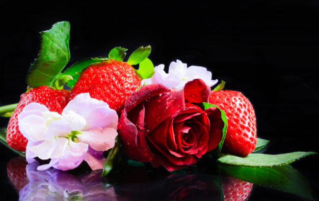 Обои картинки фото еда, клубника, земляника, роза, левкой, ягоды