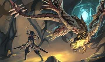 Картинка фэнтези драконы девушка пещера монстр воин