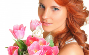 Картинка девушки -unsort+ лица +портреты букет глаза лицо женщина тюльпаны цветы