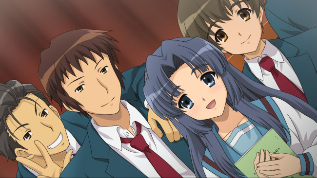 Обои картинки фото аниме, the melancholy of haruhi suzumiya, asakura, ryouko, девушка, парни, kunikida, kyon, taniguchi