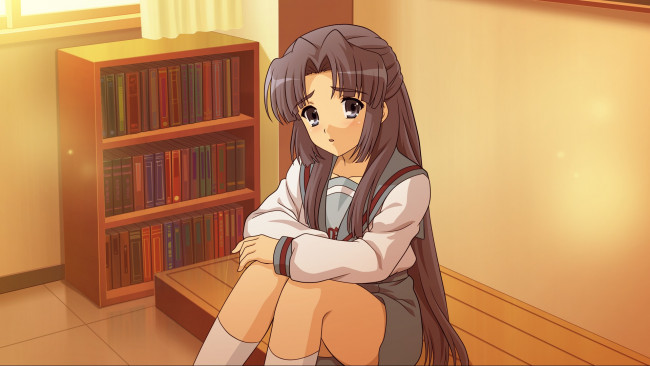 Обои картинки фото аниме, the melancholy of haruhi suzumiya, сидит, девушка, asakura, ryouko