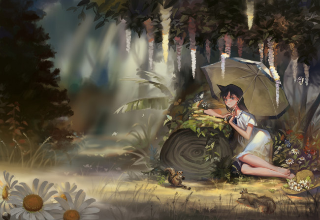 Обои картинки фото аниме, животные,  существа, арт, лес, цветы, зонтик, девочка