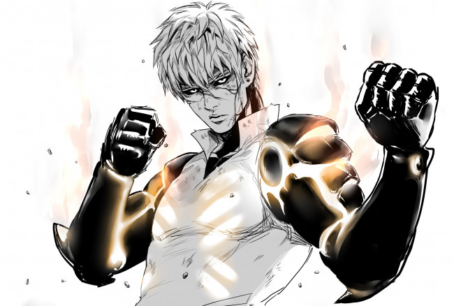 Обои картинки фото аниме, one punch man, арт, киборг, робот, мужчина, one, punch-man, punch, man, genos, протез, руки