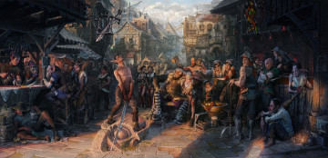Картинка фэнтези существа люди эльфы фон меч улица