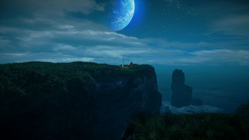 Картинка фэнтези иные+миры +иные+времена скалы море костер палатка ночь луна