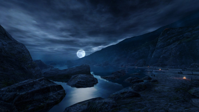 Обои картинки фото природа, реки, озера, луна, река, ночь, горы