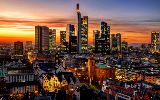Обои картинки фото города, франкфурт-на-майне , германия, франкфурт-на-майне, вечер, облака, огни, дома, гессен